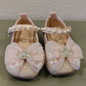 Ballerina Pink Sparkly Mary Jane Bow Ties Pearls Dress Shoes